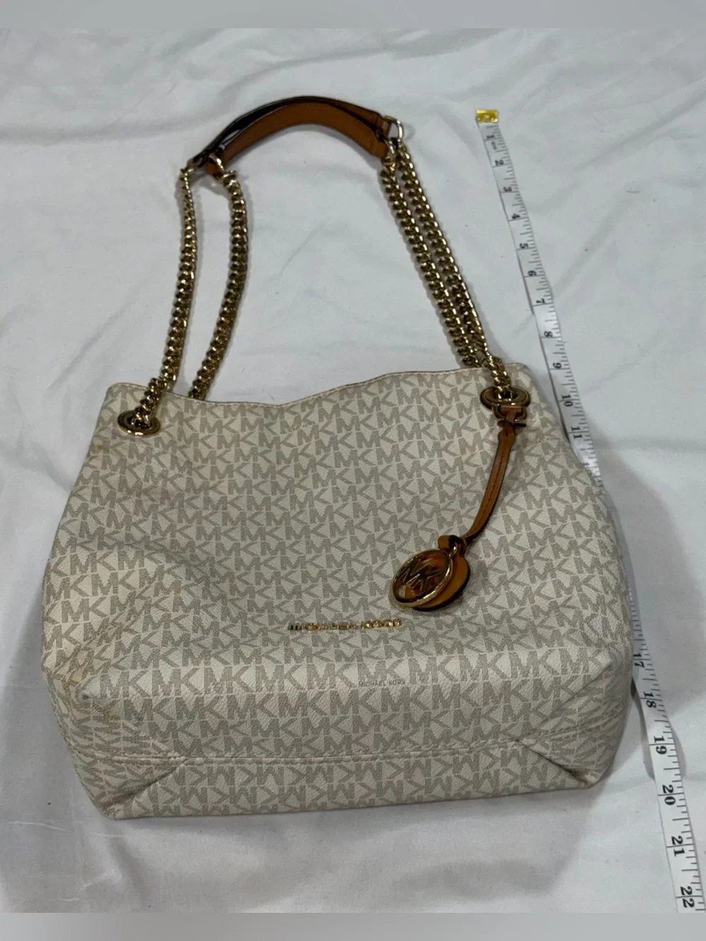 Michael Kors Susannah Medium Vanilla MK Logo Chain Shoulder Tote Bag